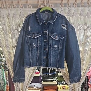 Dark Blue Distressed Cropped Jean Jacket